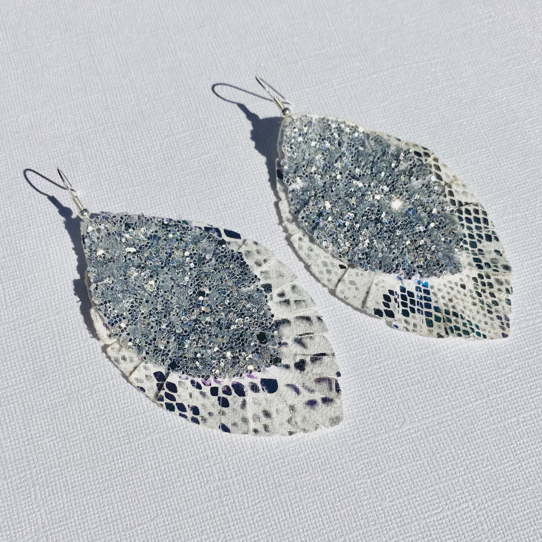 White And Silver Snake-Print Earrings
